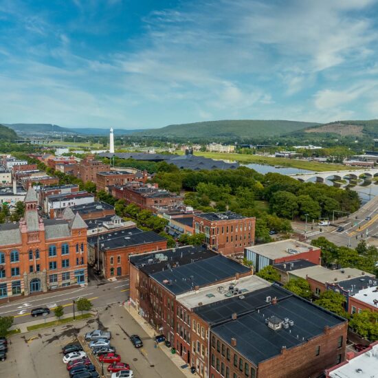 Aerial view of Corning Steuben County, New York downtown