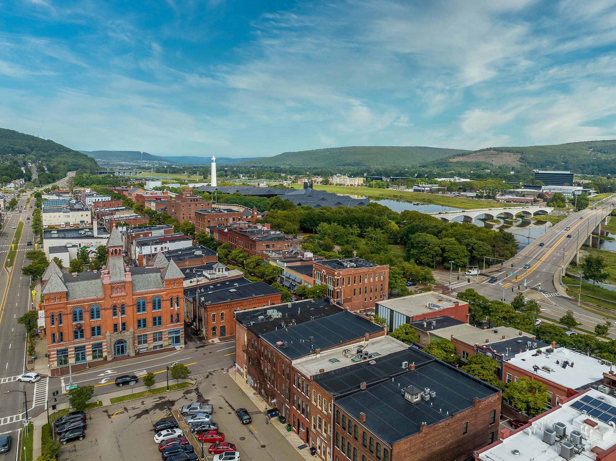 Aerial view of Corning Steuben County, New York downtown