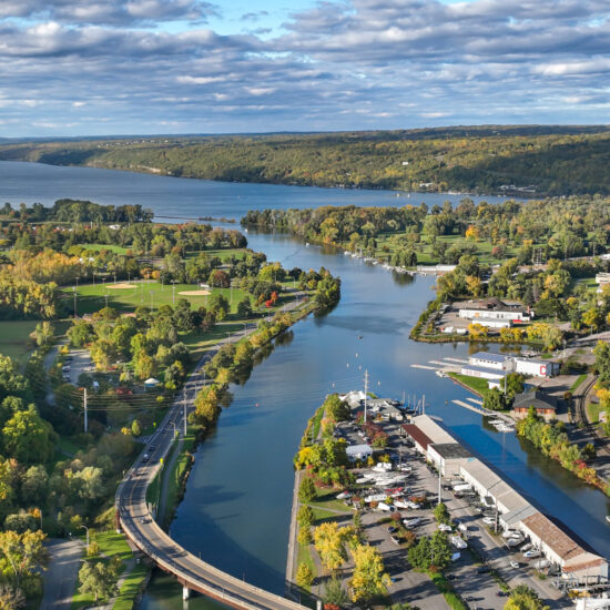 Early afternoon autumn aerial photo view of Ithaca New York.